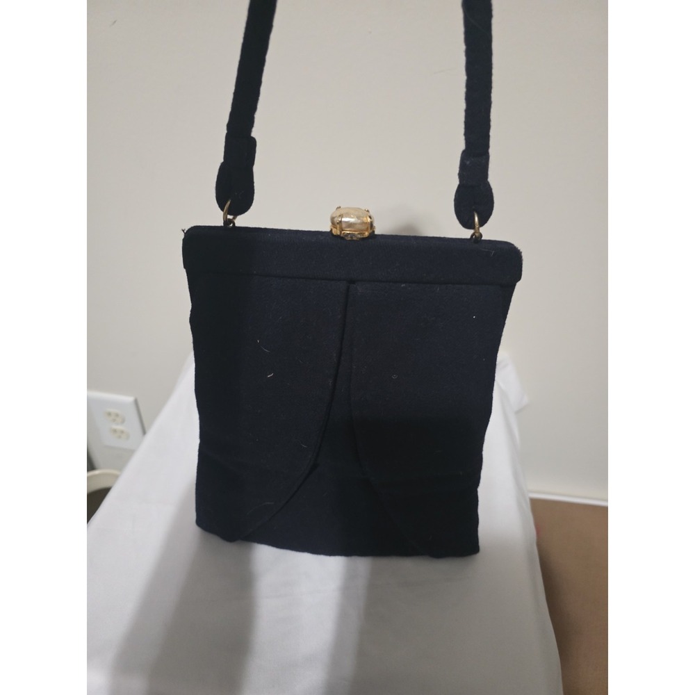 Lewis Vintage 50s 60s Branded Wool Handbag Tall Purse Black Classic Gold Clasp